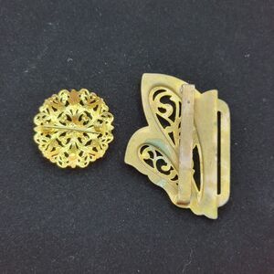 Vintage gold tone flower Brooch and brass butterfly scarf clip